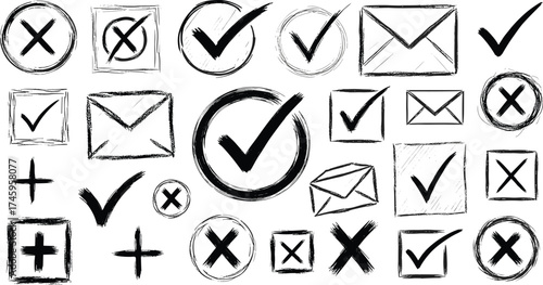 Hand-drawn Icons Checkmarks, Crosses, and Envelopes - A Versatile Set for Web Design