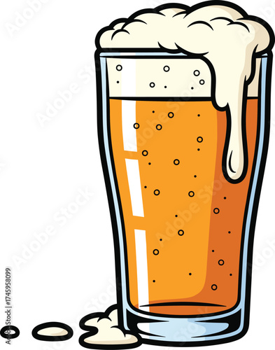 Refreshing golden lager in a tall glass, overflowing with bubbly white foam and scattered drips, a classic beverage illustration for celebrations and casual enjoyment, vector graphic
