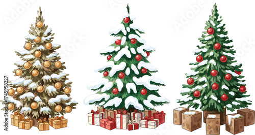 Festive Christmas Trees Adorned with Ornaments and Gifts for Holiday Cheer and Celebration