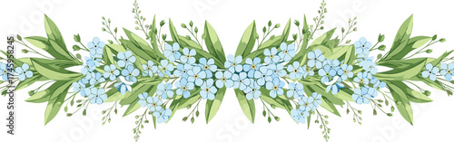 Delicate Blue Forget-Me-Not Flower Garland Border with Green Leaves for Design Elements and Celebrations