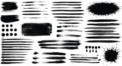 Collection of diverse abstract ink brush strokes, splatters, and spots, perfect for graphic design projects