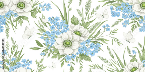 Elegant seamless floral pattern with delicate white anemones, light blue forget-me-nots, and graceful butterflies in a vintage watercolor style