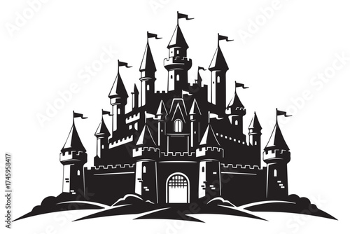 A black and white silhouette of a majestic medieval castle with multiple towers and flags, isolated on transparent background