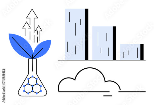 Laboratory flask with growing plant and upward arrows, bar chart symbolizing success, cloud. Ideal for sustainability, innovation, growth, science, progress biotechnology eco solutions. Simple flat