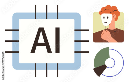 AI chip with bold text, person holding mask representing human identity, segmented chart element. Ideal for technology, AI-human interaction, ethics, data, decision-making, identity innovation
