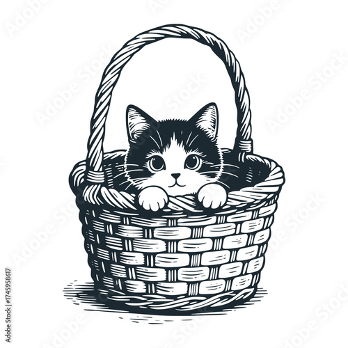 Adorable kitten hiding in a picnic basket. Black and White Icon Vector and Illustration