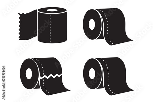 Set of black silhouette toilet paper roll icons with different tear styles isolated on transparent background