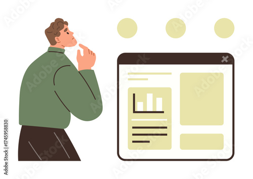 Man looking at a webpage layout featuring a bar chart and text sections. Ideal for decision-making, analytics, research, planning, problem-solving, business strategy, thoughtful analysis. Simple flat