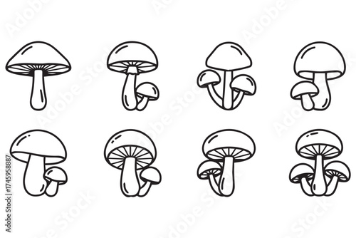 A collection of eight simple black and white mushroom illustrations, isolated on a transparent background