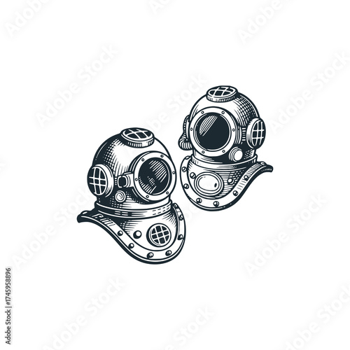 Two Vintage diver helmet sketch. Black and White Icon Vector and Illustration