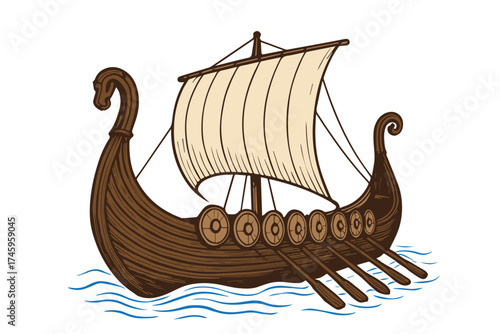 Vector depiction of an ancient Viking vessel, designed with wooden textures, shields, and sail, capturing the spirit of classic Nordic adventure voyages.
