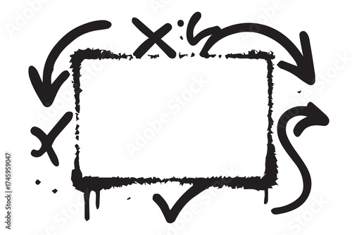 Vector minimalist graffiti frame created with spray paint effect, illustrated in black and white with precise black outline defining modern street art style.