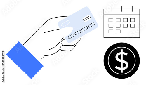 Hand holding a credit card alongside a dollar sign and calendar, symbolizing payment, transactions, budgeting, deadlines, financial planning, e-commerce, and expense management. A simple flat