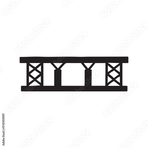 An industrial vector illustration of a steel bridge construction site with a blue sky, metal tower, and white structure over water silhouette icon on white background