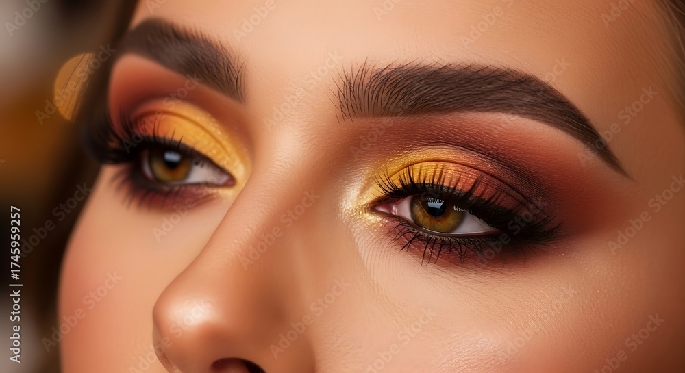 Fototapeta premium Dramatic Eye Makeup Closeup Sunset Colors with Defined Brows, and Beauty Look.