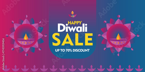 Vibrant Happy Diwali Sale banner with a magenta-to-blue gradient. Features two symmetrical starburst designs, each containing a diya, and a row of lamps along the bottom edge.