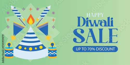 Happy Diwali Sale banner with up to 70% discount on a light green gradient. Features stylized fireworks, including sparklers, rockets, and a ground firecracker cone.