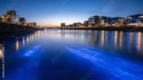 Nighttime cityscape with illuminated buildings reflecting on a calm river under a clear blue sky.