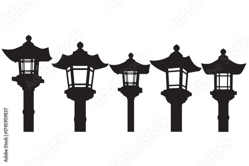 A collection of five black silhouette japanese garden lanterns of varying sizes, isolated on a transparent background, showcasing traditional outdoor lighting