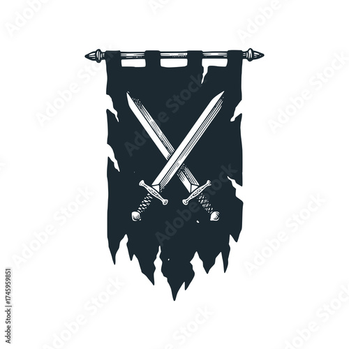 Medieval knight war banner with two crossed swords over. Black and White Icon Vector and Illustration