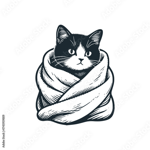 Adorable kitten tucked into a blanket – Black and White Icon Vector and Illustration