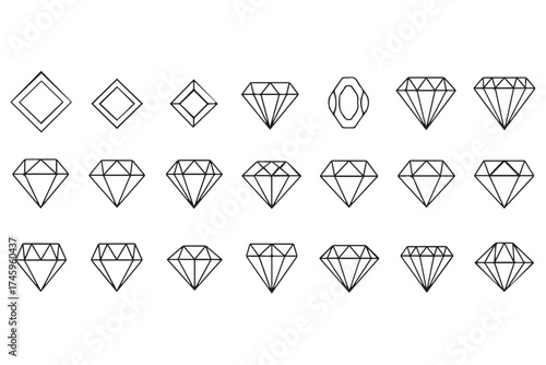 Collection of diamond shapes and cuts, isolated on transparent background