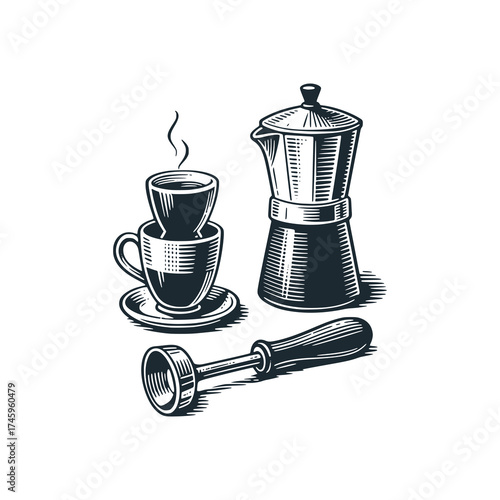 Espresso coffee set tool – Black and White Icon Vector and Illustration