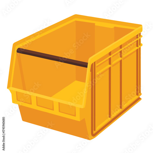 Yellow plastic storage bin in isometric vector style, industrial organization container illustration in bright orange tones, warehouse and logistics concept