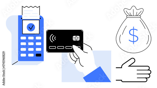 Contactless card tapped on payment terminal with printed receipt, cash bag icon, and open hand gesture. Ideal for payment, shopping, transaction, commerce, savings finance digital wallet. Simple