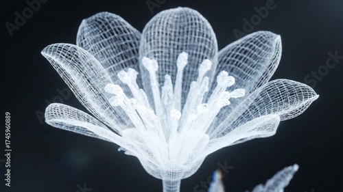 Stunning Digital Wireframe Flower Blooming in a Dark, Mysterious Environment.