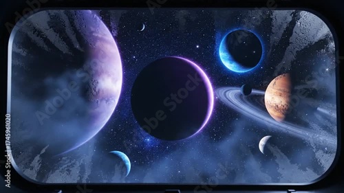 Stunning View of a Distant Planetary System from a Spaceship Window.