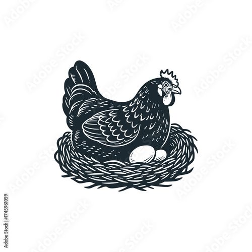 Laying hen in nest– Black and White Icon Vector and Illustration