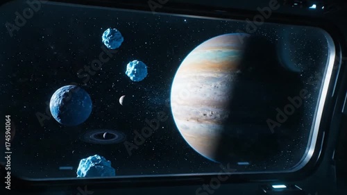 Stunning View of Jupiter and Distant Planets from Spaceship Window in Deep Space.