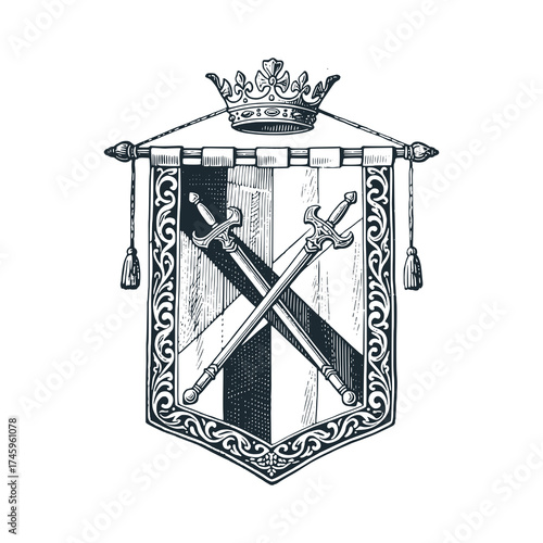 Medieval war banner with a crown above crossed scepters.