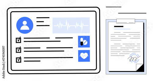 Digital profile with health data, checklist, vitals chart, plus clipboard showing signed document. Ideal for healthcare, telemedicine, data management, medical analysis, workflow compliance simple