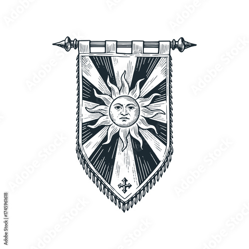 Medieval coat of arms featuring with a blazing sun face at the center – Black and White Icon Vector and Illustration
