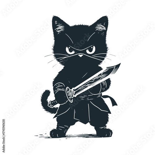 black cat hold a sword – Black and White Icon Vector and Illustration