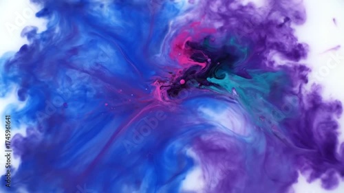 Vibrant Blue and Purple Ink Swirling in Water on White Background.