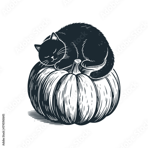 Adorable kitten sleeping on a pumpkin – Black and White Icon Vector and Illustration