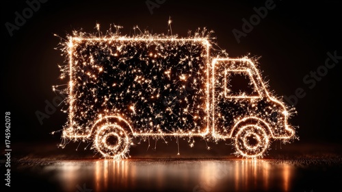 Sparkling Delivery Truck Made of Light Sparks Against Dark Background