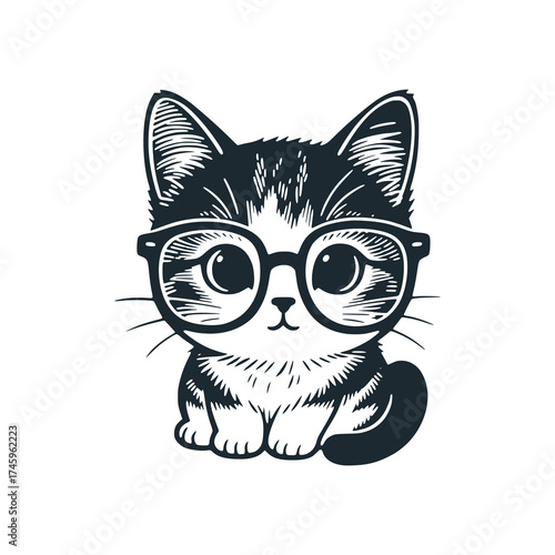Adorable kitten wear eyeglass – Black and White Icon Vector and Illustration