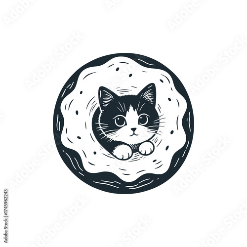 Adorable kitten tucked into a donut hole – Black and White Icon Vector and Illustration