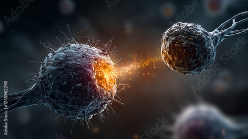 A Natural Killer (NK) cell attacking a tumor cell, a concept in immunology and cancer therapy.