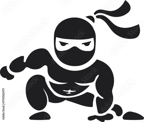 Black Silhouette of a Muscular Ninja in a Low Combat Stance