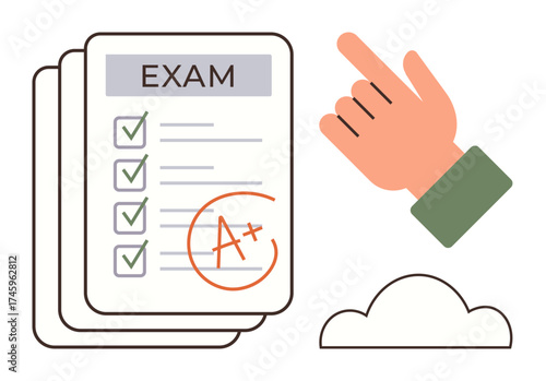 Exam checklist with multiple checked items, A grade, upward-pointing hand, and cloud element. Ideal for education, success, achievement, evaluation progress learning motivation. Simple flat