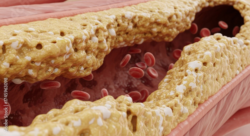 Close-up view of artery with plaque buildup.