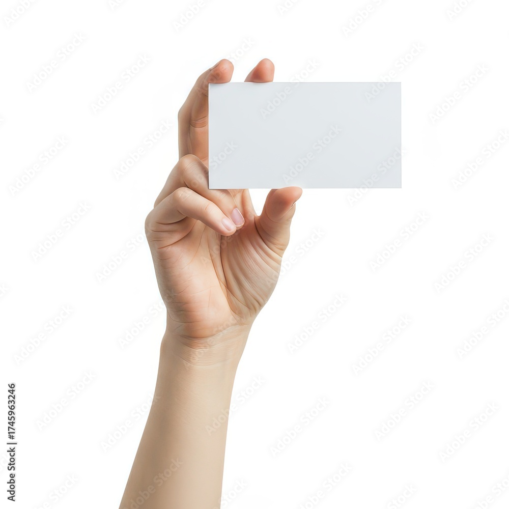 Fototapeta premium Hand holds a blank white card for business or branding purposes.