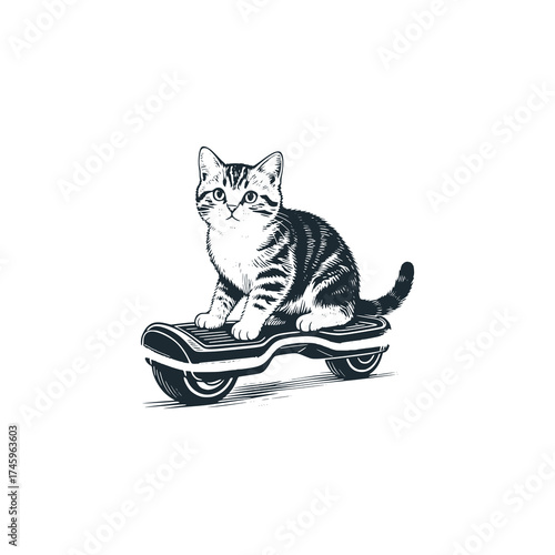 Adorable Kitten sitting on a hoverboard  – Black and White Icon Vector and Illustration