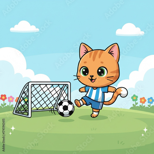 Cartoon cat playing soccer on a field outdoor art