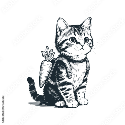 Adorable kitten bring carrots – Black and White Icon Vector and Illustration